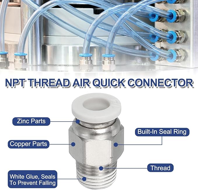 MECCANIXITY 2 Pcs NPT Push to Connect Air Fittings, Male Straight 3/8" Tube OD x 1/2" NPT Thread Air Quick Connector Coupling Adapter for Gas Hose Pneumatic Tools, White