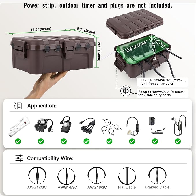 Flemoon 2-Piece Outdoor Waterproof Electrical Box Set – 12.5" x 8.5" x 5" Large & 8.1" x 4.9" x 3.1" Small Weatherproof Electrical Boxes for Power Strip, Outlet, Holiday String Light, Brown