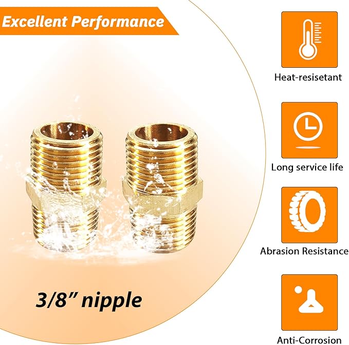 2PCS Hex Brass Nipple 3/8"NPT Male X 3/8" NPT Male Pipe Fitting 3/8 inch Brass Pipe Nipples Male Pipes Adapter Fittings Heavy Equal Nipples Connectors