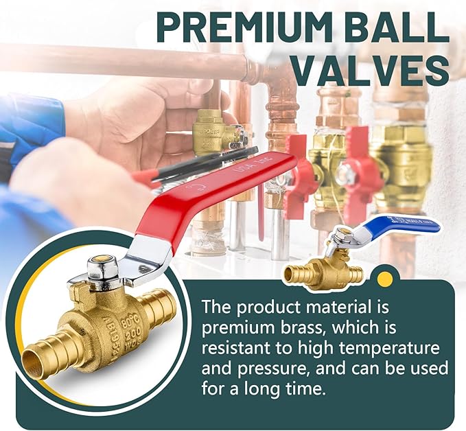 6 Pack Ball Valves, 1/2" Pex Crimp Shut Off Valve, Brass Full Port Pex B Shut Off Ball Valve for Hot and Cold Water, NSF/ANSI 61 Certified