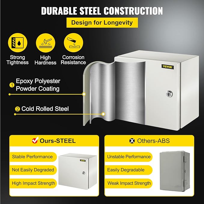 VEVOR NEMA Steel Enclosure 12×12×8,NEMA 4X Steel Electrical Box,IP66 Waterproof & Dustproof,Outdoor/Indoor Electrical Junction Box,with Mounting Plate