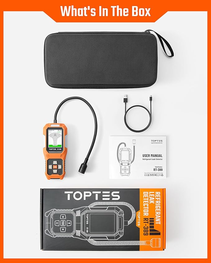 TOPTES RT-389 Rechargeable Refrigerant Leak Detector, HVAC Freon Leak Detector with 3 Sensitivity Modes & 3 Alarm Types, Air Conditioning Detection for CFCs, HCFCs, HFCs, HFOs, HCs - Orange