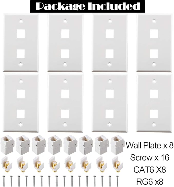 Weewooday 8 Pieces Cat 6 Ethernet Wall Plates, Cat 6 Coax Wall Plate with Ethernet Port and Gold-Plated TV Coax F-Type Port (White)