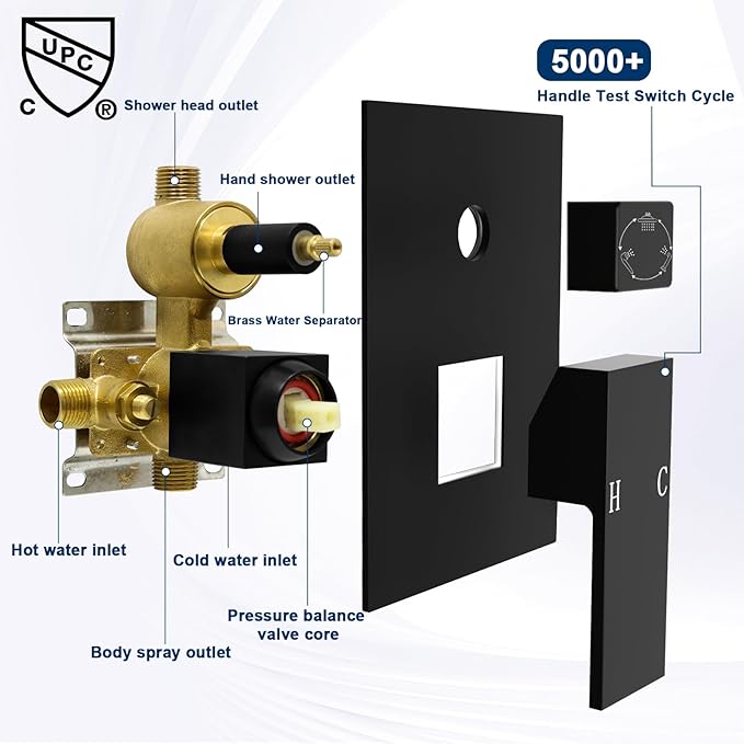 Matte Black Concealed 3 Way Outlet Function Shower Diverter Valve Brass Flow Control Mixer Mixing Rough-In Shower Valve Kit