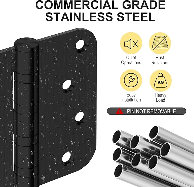 6 Pack 4" Heavy Duty Door Hinges with 5/8'' Radius Corner, 4in x 4in Stainless Steel Door Hinges for Exterior & Interior Doors, Smooth and Quiet (Black)