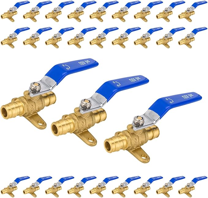 30-Pack Foskan 1/2" Brass PEX Expansion Drop Ear Ball Valve with Blue Handle, Full Port Shut-off Valve for Hot and Cold Water Distribution
