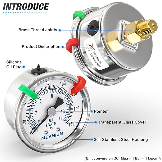 MEANLIN MEASURE 0~160Psi Dry Pressure Gauge Stainless Steel 1/4" NPT 2" FACE DIAL Waterproof for Air Compressor RV Regulator Water Pressure Tester Black Mount (with 2PCS Snaps)
