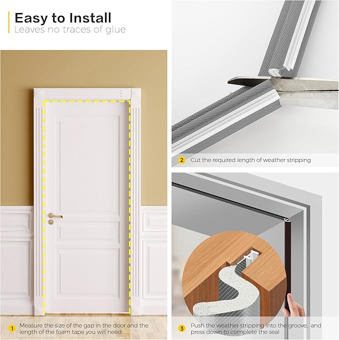 Weather Stripping Door Seal Strip Soundproof Q Foam Tape, Exterior Door Insulation Strip for Large Gap, Easy to Install (Grey, 3FT)