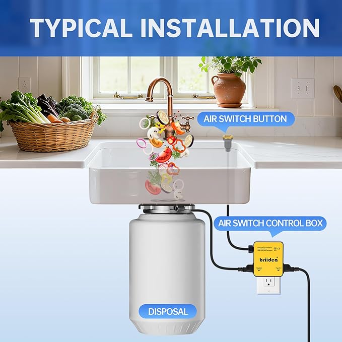 Garbage Disposal Air Switch Kit Dual Outlet Sink Top Waste Disposal Stainless Steel Golden Brushed On/Off Air Button Food and Waste Disposals Part by Briidea, UL Listed