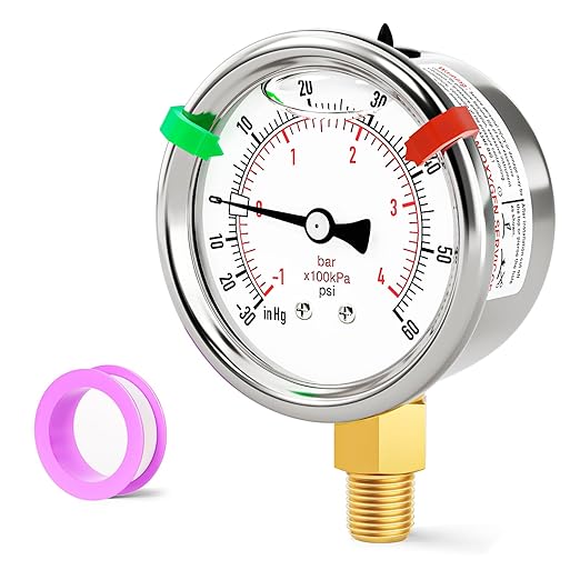 -30inHG-60PSI Stainless Steel Liquid Filled Pressure Gauge, 2.5" Dial Size, 1/8" NPT Lower Mount, for Tube, Water Pump, Gas, Liquid, Pressure Test (with Range Mark Pointer)