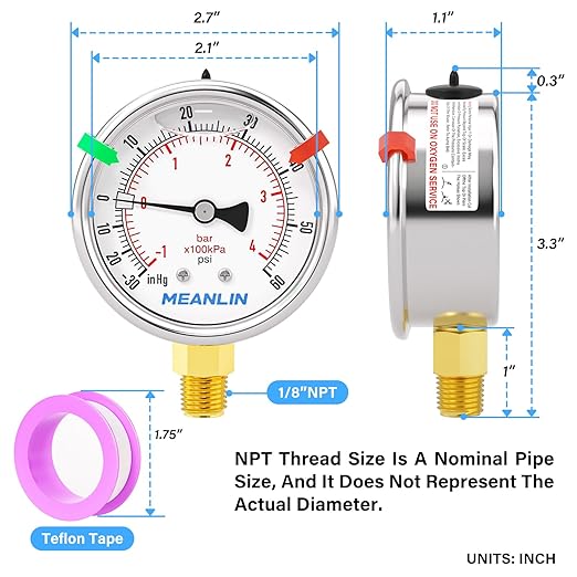 MEANLIN MEASURE -30inHG~60Psi Vacuum Pressure Gauge 1/8" NPT 2.5" FACE DIAL, Stainless Steel Liquid Filled Pressure Gauge WOG Water Oil Air Lower Mount (with 2PCS Snaps)