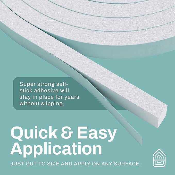 33 Feet Weather Stripping Seal for Doors and Windows Insulation Strip Weatherproof Self Stick Seal 3/16" x 3/8" Soundproof High Density Foam Insulation Tape Adhesive