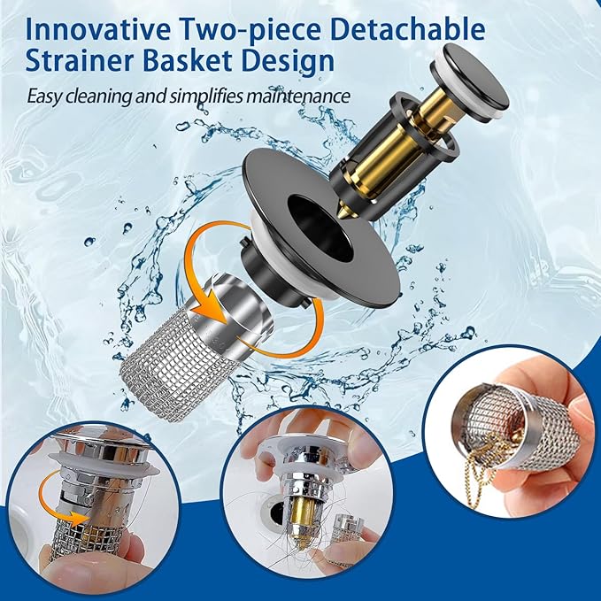 Sink Stopper Hair Catcher, Pop-up Sink Drain Strainer with Removable Stainless Steel Strainer Basket Hair Catcher, Bathroom Sink Strainer for Bathroom Sink Stopper Replacement (2pcs)