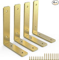 Gold Heavy Duty Shelf Brackets 6 Inch, Rustic Gold Iron L Shelf Bracket, Industrial Modern Metal Floating Shelf with Hardware for DIY Open Shelving, 4 Pack