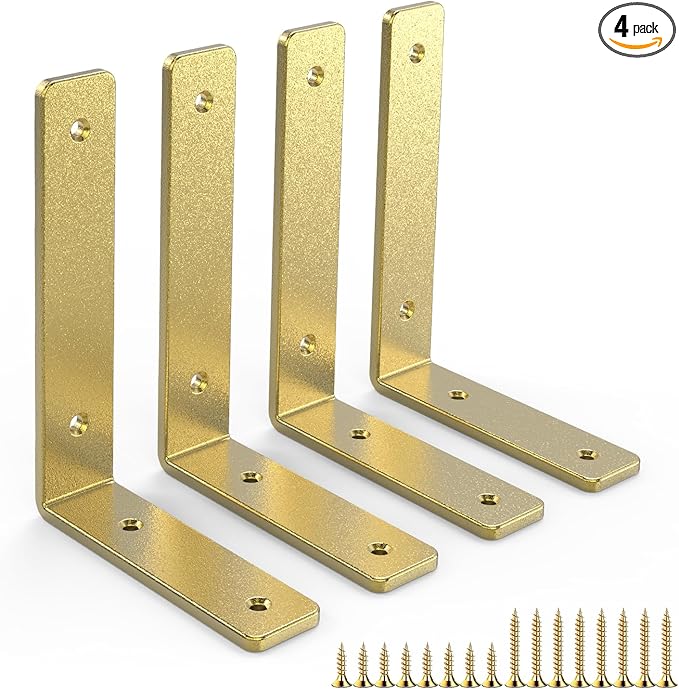 Gold Heavy Duty Shelf Brackets 8 Inch, Extra Thick L Shelving Brackets, Rustic Gold Iron Floating Shelves Wall Mounted with Hardware for DIY Open Shelving, 4 Pack