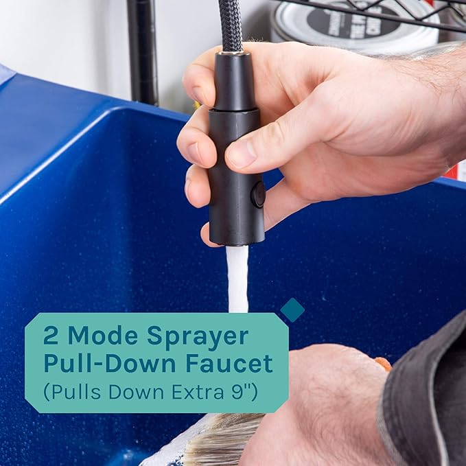 Utility Sink Extra-Deep Laundry Tub in Blue with High-Arc Black Coil Pull-Down Sprayer Faucet, Integrated Supply Lines, P-Trap Kit, Heavy Duty Floor Mounted Freestanding Wash Station