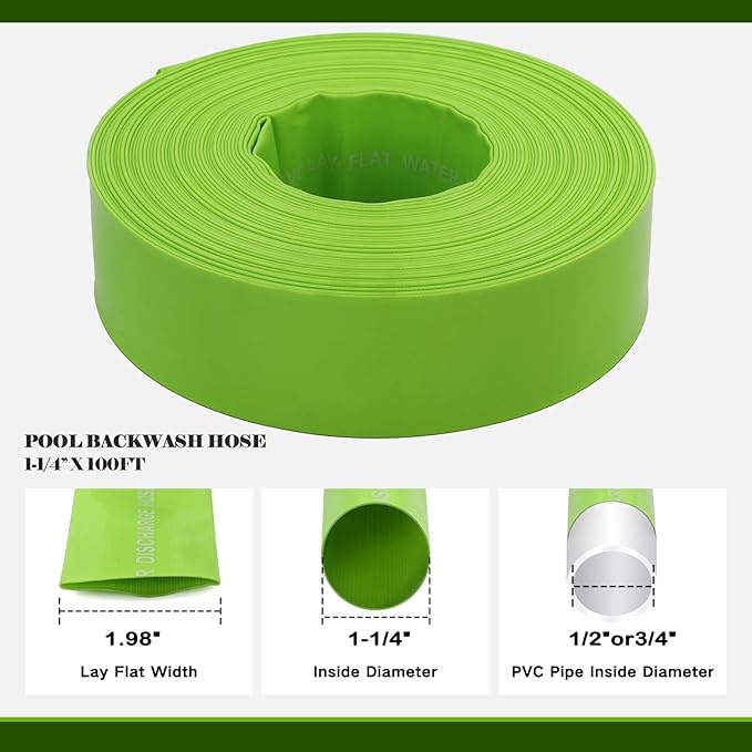 Eastrans 1-1/4'' x 100 FT Pool Backwash Hose with 2 Hose Clamps,Extra Heavy Duty Discharge Hose,Drain Hose for Swimming Pool,Super wear-resistant,weather blast,green