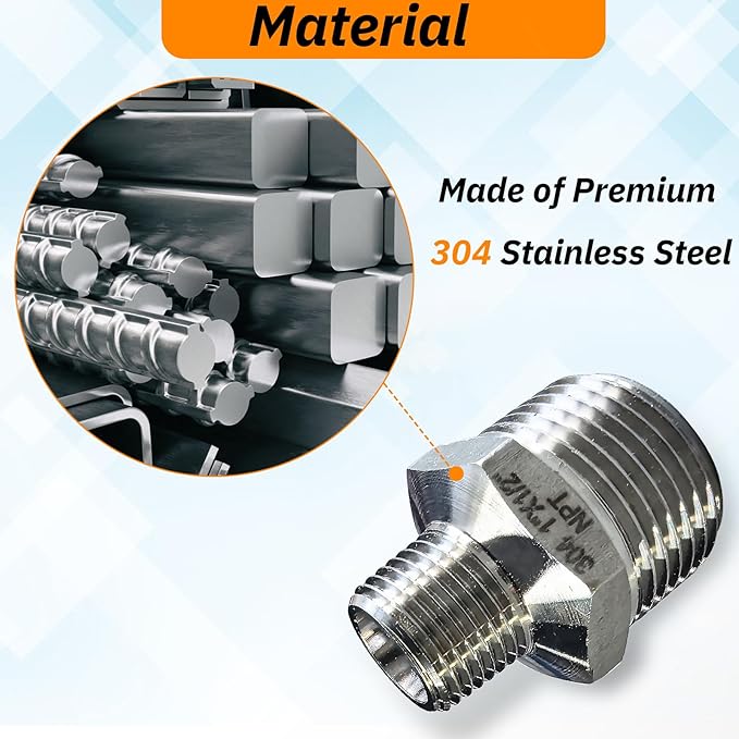 2pcs 1" NPT x 1/2" NPT Stainless Steel Nipple, 1" to 1/2 Adapter Fitting Reducing Solid Hex Stainless Steel Nipple, Male Reducer for Extending and Connecting Pipes