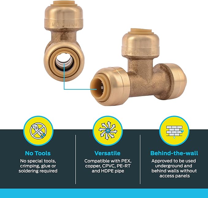 SharkBite 1/4 Inch (3/8 Inch OD) Tee, Pack of 6, Push to Connect Brass Plumbing Fitting, PEX Pipe, Copper, CPVC, PE-RT, HDPE, U358LF