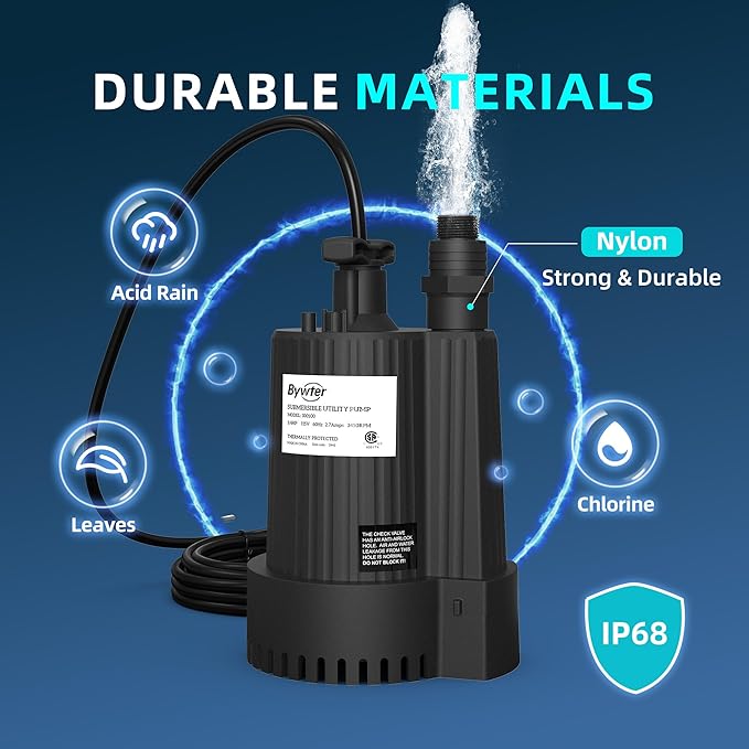 1/6 HP Submersible Water Pump, 1500 GPH Sump Pump with Thermoplastic Housing, 115V Portable Electric Water Pump with 10 Ft Cord for Basement, Yard, Boats and Pool Covers
