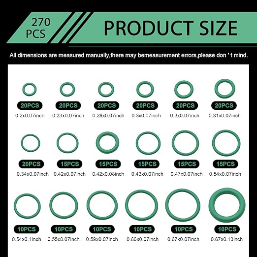 270 PCS Air Conditioning Compressor O-Ring Assortment Kit, Rubber O Ring Kit, 18 Sizes AC Seal Rings Repair Tool, for Car Repair, Plumbing, Air or Gas Connections (Green)