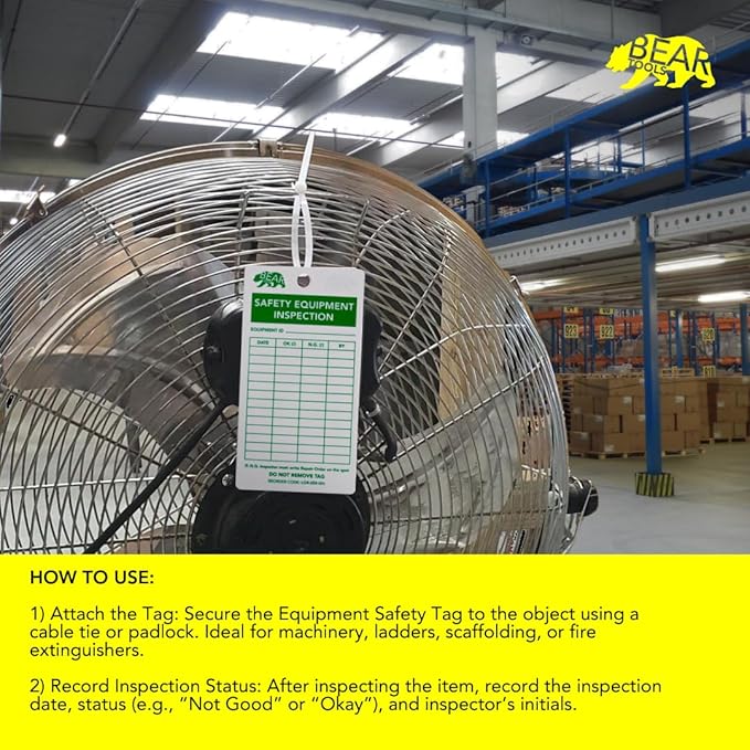 BearLOTO Safety Equipment Inspection Notice - Hazard & Accident Prevention Tag - Multiple Application - Machinery Fire Extinguisher Scaffold Ladder Equipment Factory - GreenWhite - Pack of 20