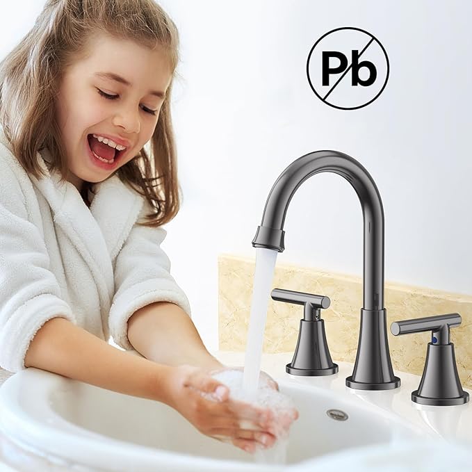 Bathroom Faucets for Sink 3 Hole, Hurran 8 inch Widespread Brushed Grey Bathroom Sink Faucet with Pop-up Drain and Supply Hose, Stainless Steel Lead-Free Faucet for Vessel Sink Vanity RV