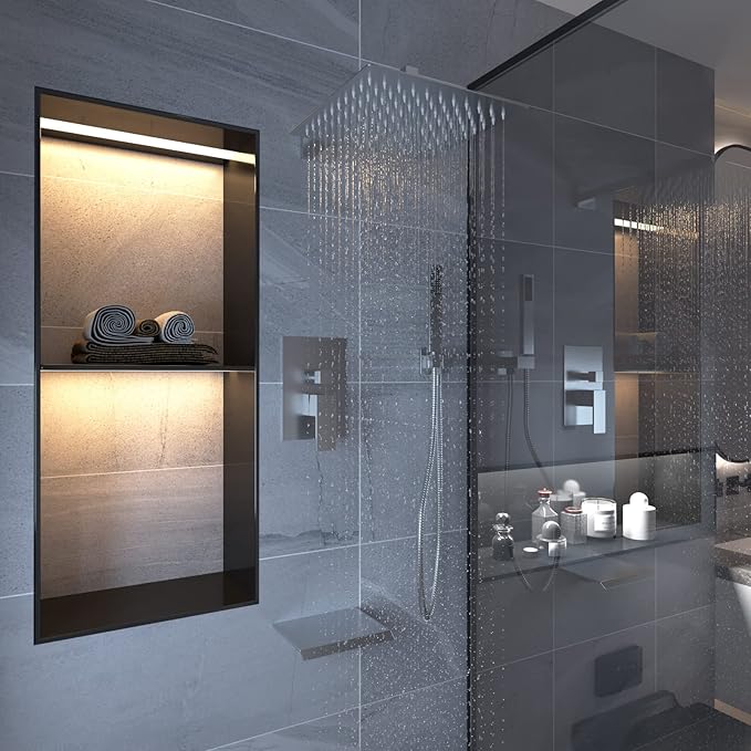 BWE 12 Inch Shower System Brushed Nickel with Waterfall Tub Spout Complete Set Square Luxury Rain Shower Faucet Set Pressure Balancing 3-Function Wall Mount Rough-in Valve Body and Trim Included