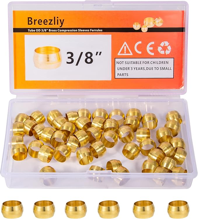 50PCS Tube OD 3/8" Brass Compression Sleeves Ferrules,Brass Compression Fitting Assortment Kit (3/8" Tube OD)
