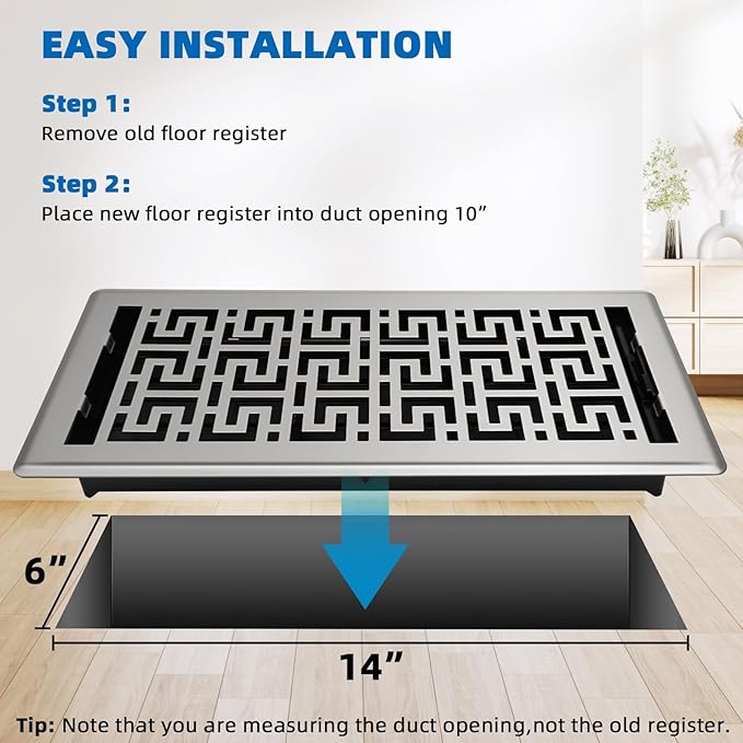 Floor Registers 6x14 Inches - 3 Pack Heavy Duty Walkable Steel Floor Vents Ease Adjust Air Flow Direction Vent Covers for Home Floor Satin Nickel Floor Vent Covers