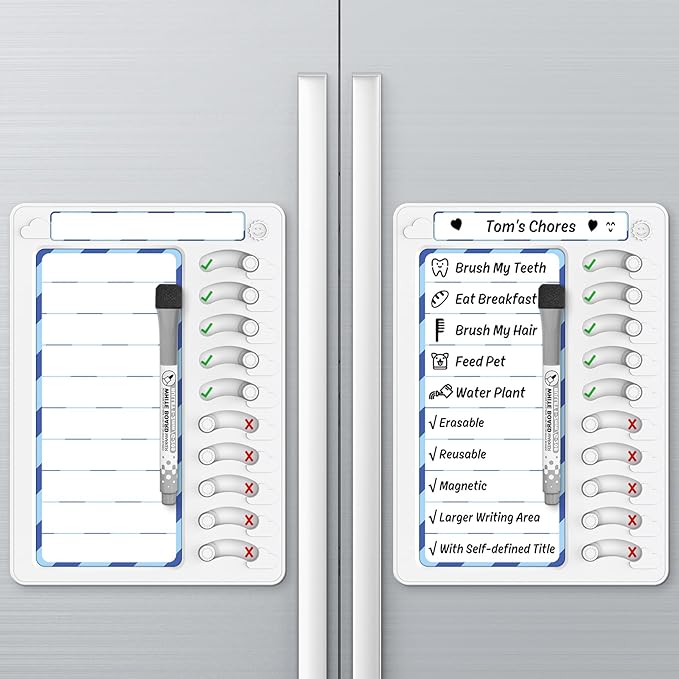 Chore Chart for Kids Dry Erase Chore Board ADHD Tools for Kids to Do List Checklist Task Board Routine Chart Planning Board for Fridge with 10 Sliders and Magnetic Marker, White and Blue, 2 Pack