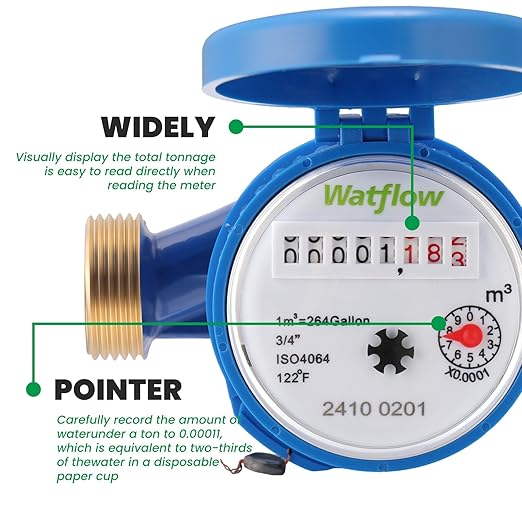 Watflow DN20 Water Meter 3/4" NPT, ISO4064 Certification Cubic Water Flow Meter, Cold Water Meter for Garden/Home/Apartment, Horizontal Install.
