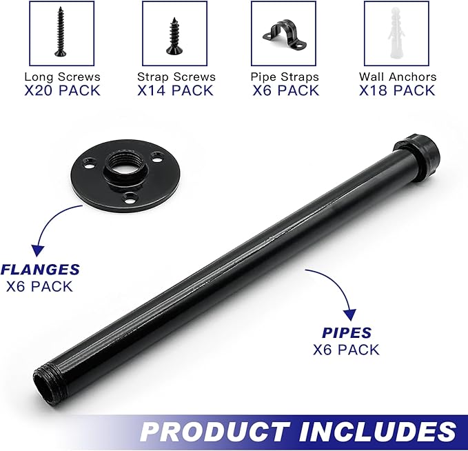 6 Pack Pipe Shelf Brackets 10 Inch, Industrial Iron Pipe Floating Shelves Bracket Heavy Duty Metal Shelving Brackets for DIY Shelves