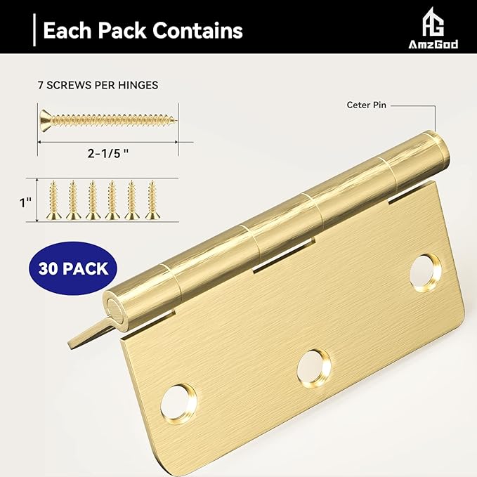 Door Hinges Satin Brass - 30 Pack Gold Door Hinges 3.5 Inch Rounded Interior Door Hinge with 1/4" Radius - 3 1/2 Inches Flat Iron Brass Hinges for Residential Standard Doors