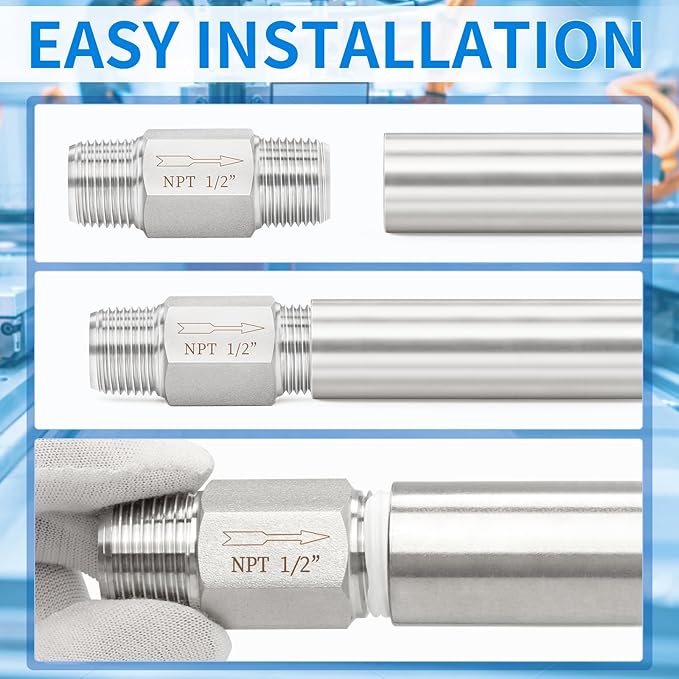 ChillWaves 304 Stainless Steel In-Line Siamese Check Valve 1/2" NPT Male Thread, One-Way Non-return Check Valve，Prevent Water Back-flow(1-PACK)