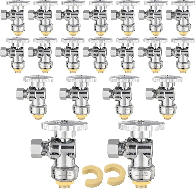 (Pack of 20) EFIELD Push Fit 1/4 Turn Angle Stop Valve Water Shut Off 1/2 Push x 3/8 Inch Compression Chrome with a Disconnect Clip,(PF-VALVE028-20PCS)