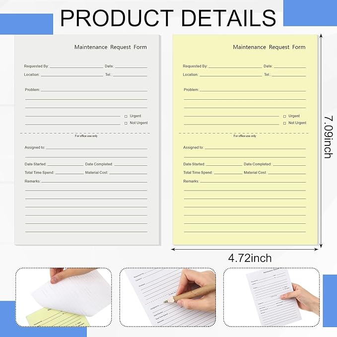Clabby 200 Sets Maintenance Request Book/Forms/Slips, 2 Part Carbonless, 4. 7 x 7. 1 Inch Maintenance Log Books, Repair Request Forms, 50 Sets Each Pad, for Office Hospitals Management