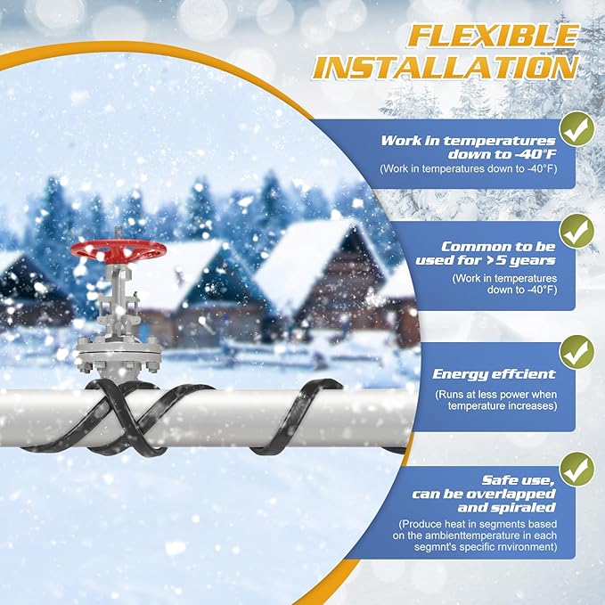 130FT Heat Tape for Water Pipes, -40°F Deicing Cable,Pipe Heat Cables for Roof,Gutter，Farm，Freeze Protetion Heating Wires, Heated Water Hose,Plumbing Fixtures,120V 5W/FT (130FT)