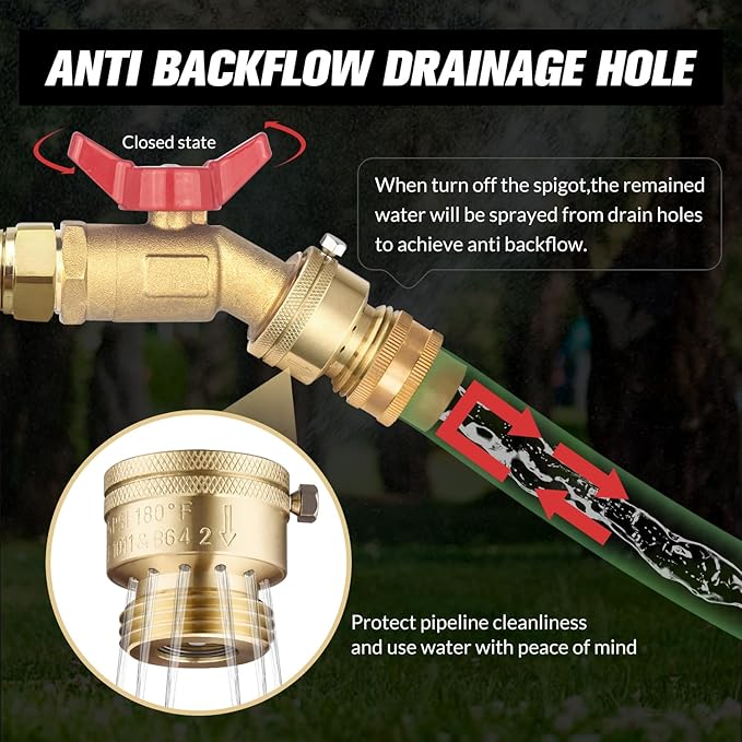 2 PCS Brass Vacuum Breaker Set 3/4 Inch GHT Lead-Free Compliant Brass Anti-Siphon Bib Valve for Vacuum Breaker Outside Faucet RV Hose Connection Backflow Preventer Connector with Tape、Extra washers