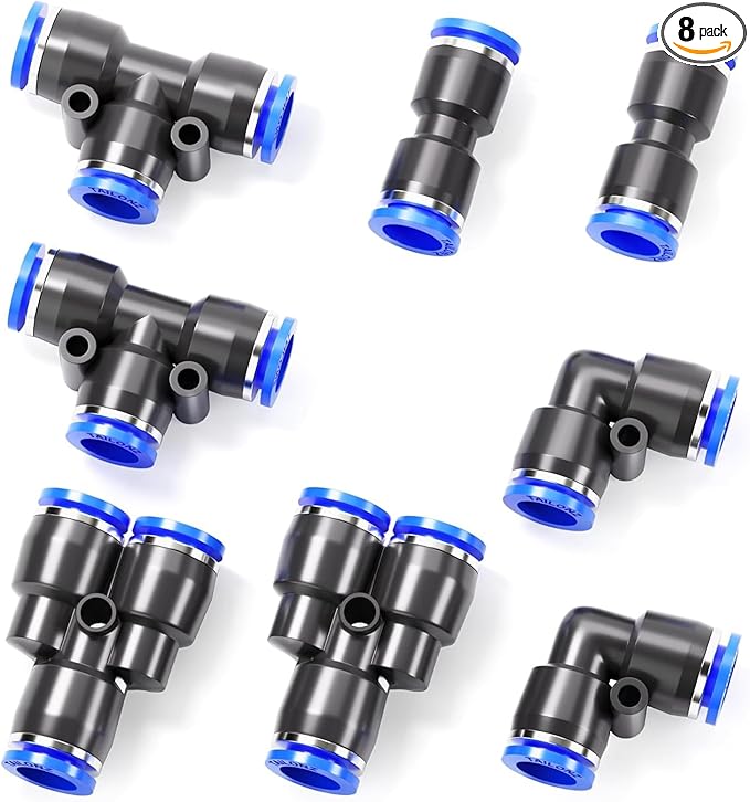 TAILONZ PNEUMATIC 5/16 inch or 8mm od Push to Connect Fittings Pneumatic Fittings Kit 2 Spliters+2 Elbows+2 tee+2 Straight (8 pcs)