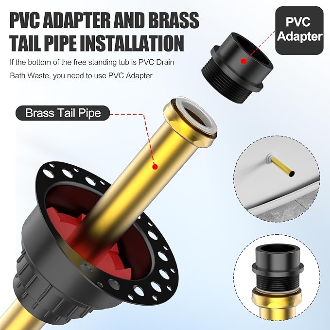 PVC Freestanding Tub Drain Kit, Bathtub Drain Rough-in Kit，Compatible with Freestanding Bathtubs, Floor Mounted Bathtubs and Island Bathtubs, with PVC Plastic Adapter and Brass Tail Pipes