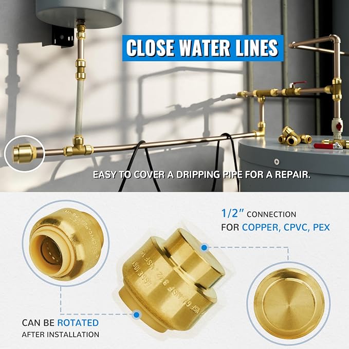 SUNGATOR End Cap, 1/2-Inch Push Fit PEX Cap Fittings, Push-to-Connect, No Lead Brass Plumbing Fittings with Disconnect Clip for Copper, CPVC (2-Pack)