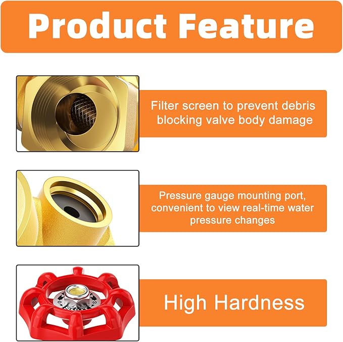 GASHER 3/4" Water Pressure Reducing Valve with Gauge Port 1/4", Brass Water pressure regulating valve for home