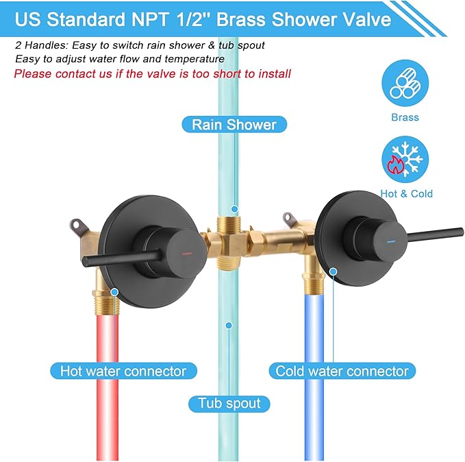2 Handle Shower Faucet Set with Tub Spout Matte Black Two Handles Shower Faucet Set Bathtub Shower Faucet Combo, Wall Mount