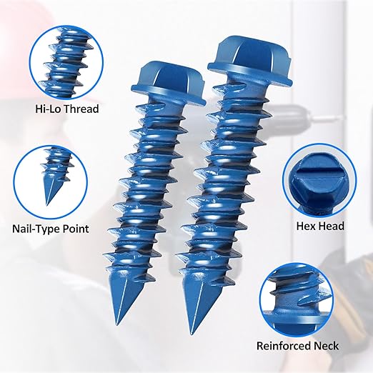 100PCS Concrete Screws Assortment Kit, 1/4" x1-1/4 Masonry Screws with Drill Bit and Driver Bit, Hex Head Cement Screws and Anchor, Diamond Point, Self Tapping Concrete Brick or Stucco, Blue Coated