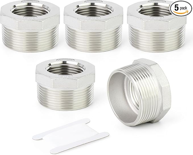 TAISHER 5PCS 304 Stainless Steel Reducer Hex Bushing, 1-1/4" NPT Male x 3/4" NPT Female, Reducing Pipe Adapter Fitting