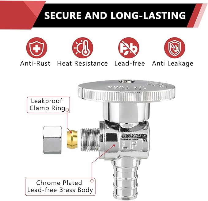 (Pack of 5) EFIELD 1/4 Turn Angle Stop Valve 3/8" OD Compression x 1/2" Pex Chrome Plated Brass,(VALVE076-5PCS)