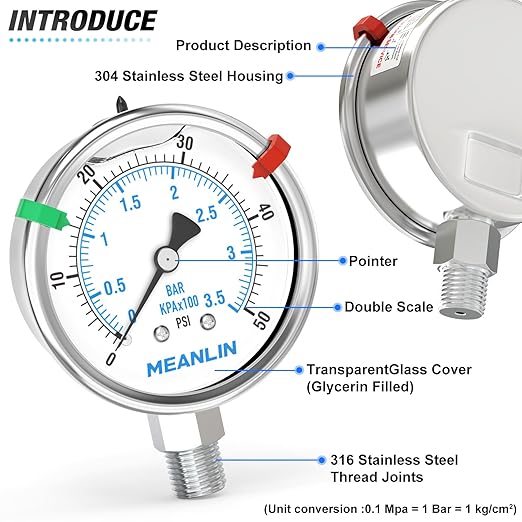 MEANLIN MEASURE 0~50Psi Stainless Steel Liquid Filled Pressure Gauge 2.5" FACE DIAL 1/4" NPT for Pool Sand Filter Water Oil Air Pressure Test Lower Mount with Stainless Steel Hex Bushing and Snaps