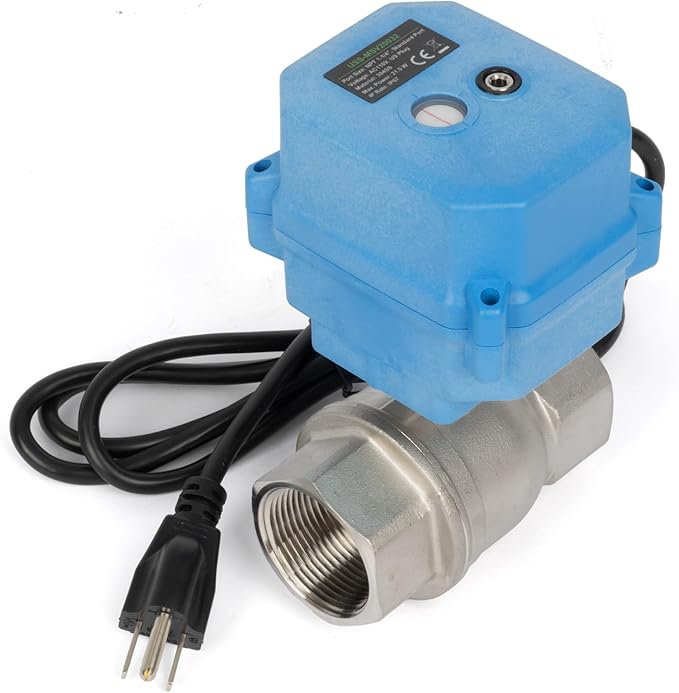 U.S. Solid 1-1/4" Motorized Ball Valve with US Plug 110VAC 304 Stainless Steel Electrical Ball Valve, Auto Return, Normally Closed, NSF Certified, IP67