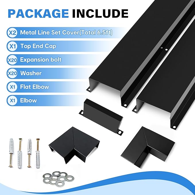 LyPrem 4" W x 6.5Ft L Metal Line Set Cover Kit - Decorative AC Pipe Cover for Ductless Mini Split/Central Air Conditioner/Heat Pump Systems, Black